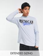 Asos Design Long Sleeve T-shirt In Light Blue With Michigan Front Print