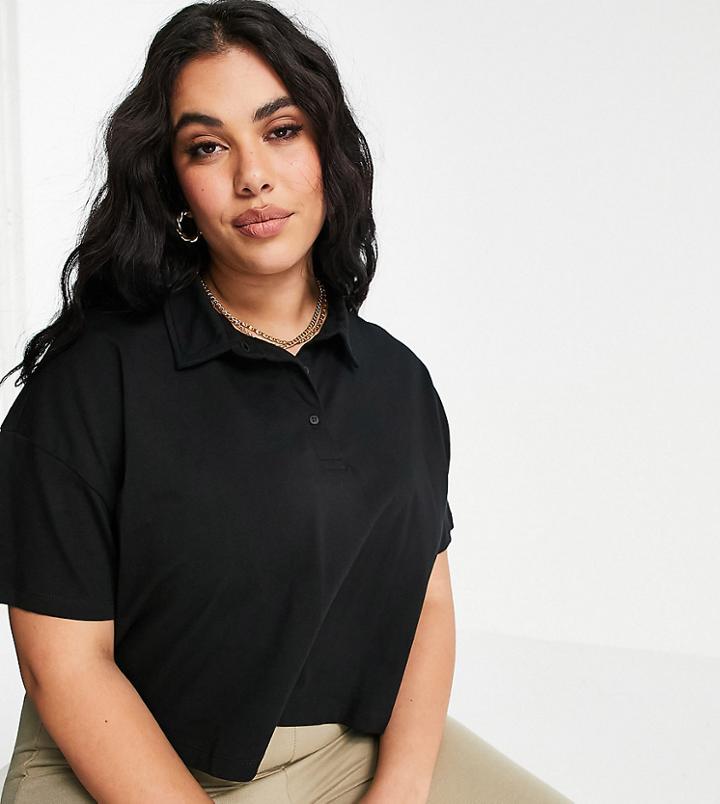 Asos Design Curve Cropped Boxy Polo With Short Sleeve In Black