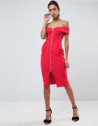 Asos Bardot Zip Through Midi Dress-red