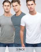 Asos 3 Pack T-shirt With Crew Neck In White/blue/green - Multi