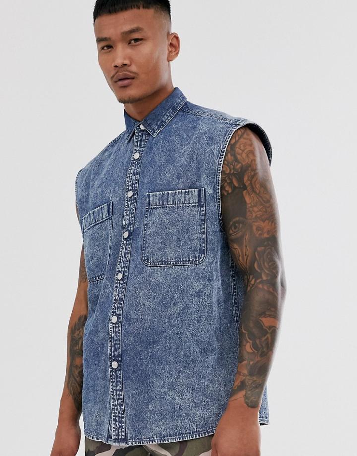 Asos Design Oversized Sleeveless Denim Shirt In Acid Wash - Blue