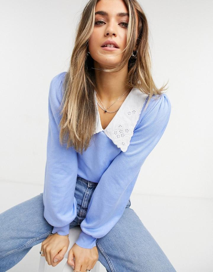 New Look Embroidered Collar Sweater In Light Blue
