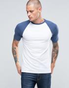 Asos Muscle T-shirt With Contrast Raglan Sleeves In White/blue Marl - White