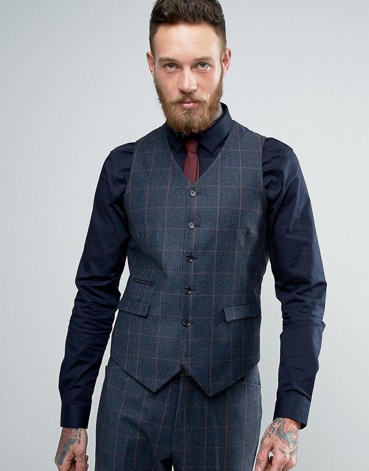 Asos Slim Suit Vest In Navy Window Pane 100% Wool Check - Navy