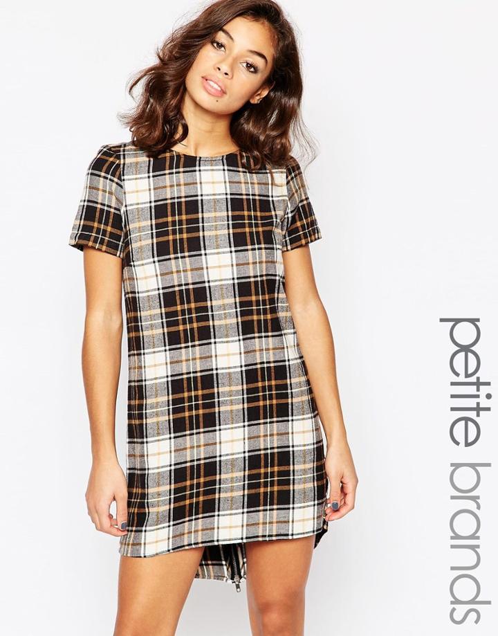 Noisy May Petite Short Sleeve Check Shift Dress - Caramel