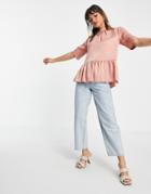 Asos Design High Neck Short Sleeve Peplum Smock In Pink