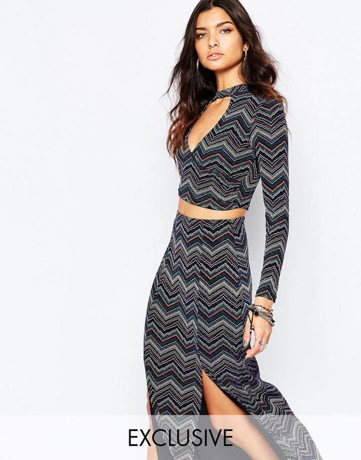 Reclaimed Vintage High Neck Wrap Front Crop Top In 70's Zig Zag - Multi