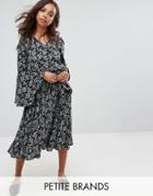 Yumi Petite Floral Midi Dress With Frill Sleeve - Black