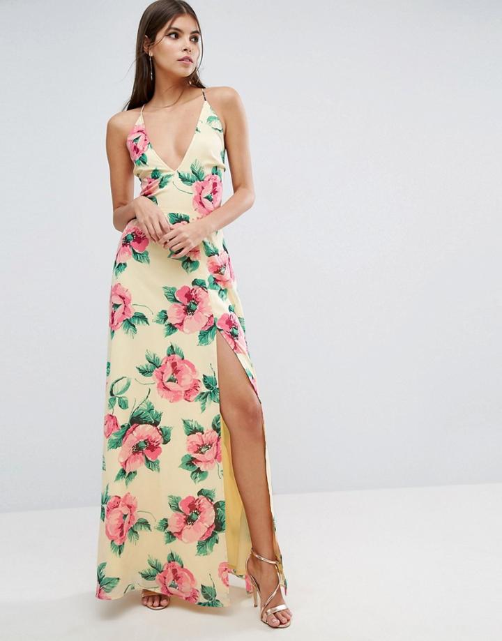 Asos Floral Plunge Strap Back Maxi Dress - Multi