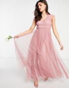 Asos Design Tulle Plunge Maxi Dress With Shirred Sleeves In Rose-pink