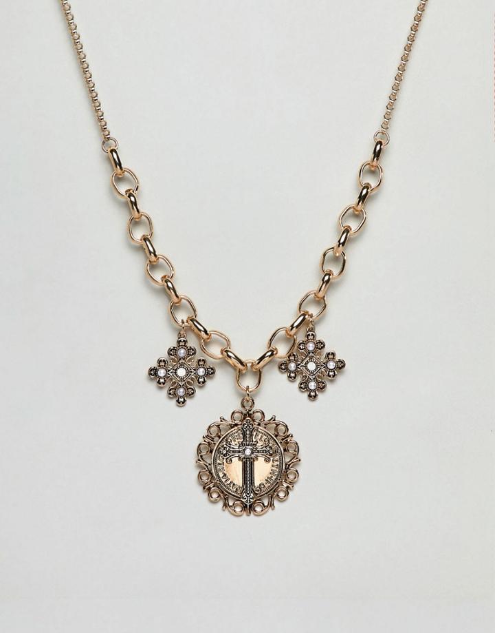 Asos Design Statement Necklace With Vintage Style Pendants With Cross Design And Pearls In Gold - Gold