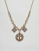 Asos Design Statement Necklace With Vintage Style Pendants With Cross Design And Pearls In Gold - Gold