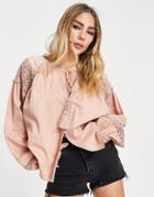 Topshop Crochet Insert Tassle Tie Blouse In Blush-pink