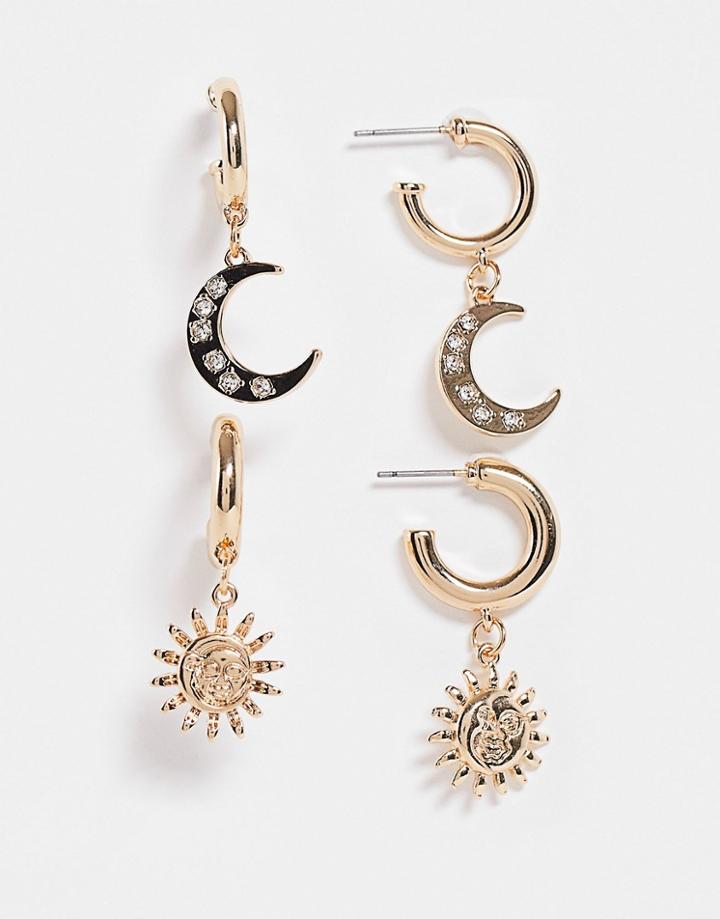 Monki Sun And Moon 2 Pack Drop Hoop Earrings In Gold