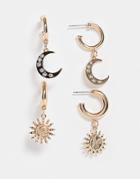 Monki Sun And Moon 2 Pack Drop Hoop Earrings In Gold