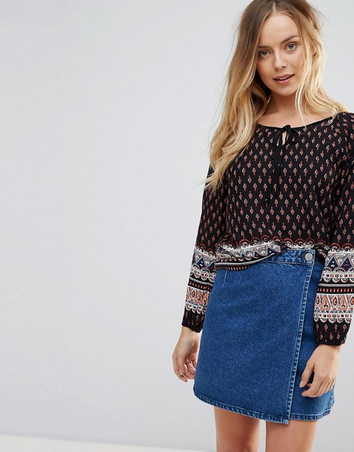 Brave Soul Edina Border Print Top - Black