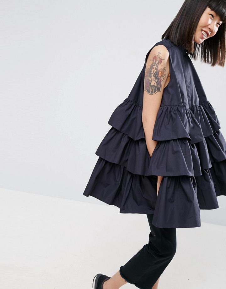 Asos White Sleeveless Multi Frill Oversize Shirt - Navy