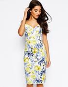 Asos Bardot Off The Shoulder Hitchcock Midi Pencil Dress In Yellow And Blue Floral - Multi