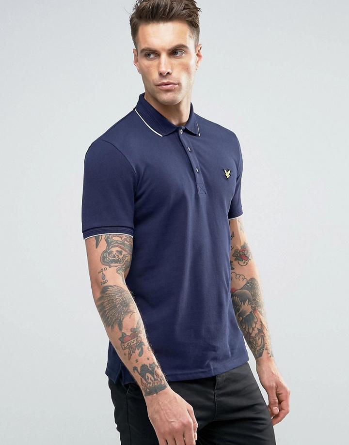 Lyle & Scott Tipped Pique Polo Eagle Logo Jacquard Collar - Navy