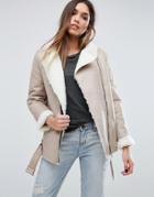 Missguided Shearling Lined Biker Jacket - Gray