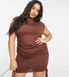 Missguided Plus Mini Dress With Ruched Side In Chocolate-brown