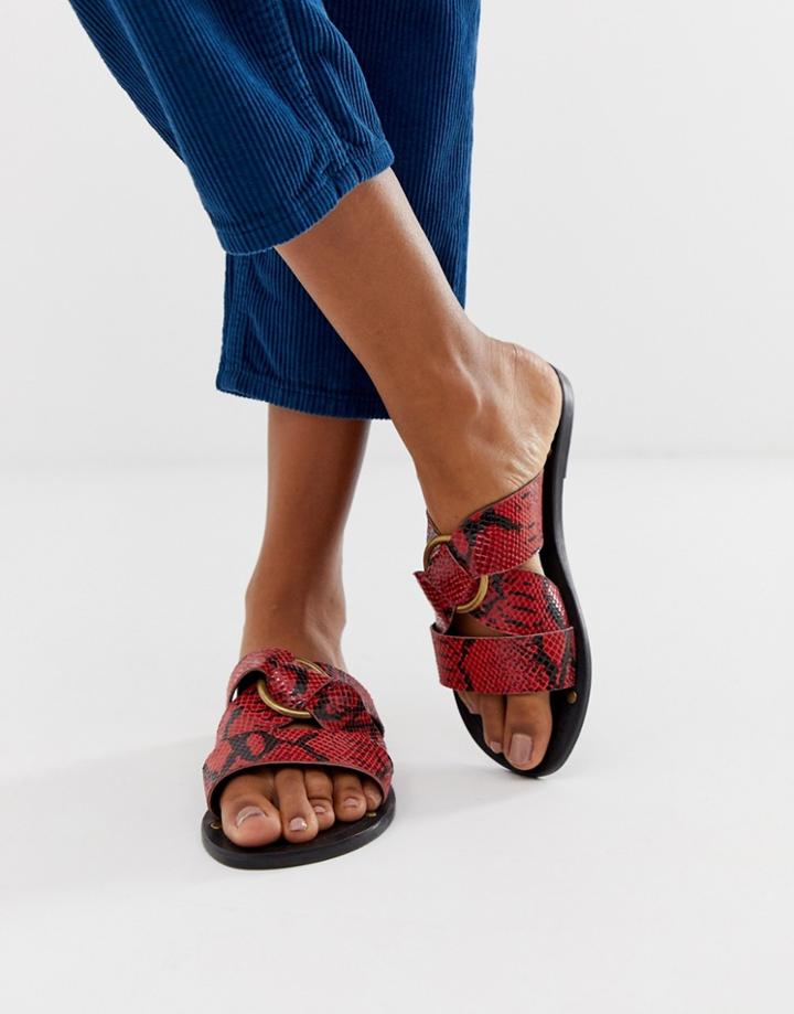 Asos Design Frankie Leather Ring Detail Flat Sandals-red