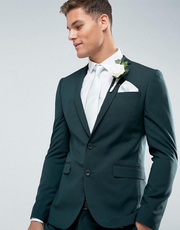 Asos Wedding Skinny Suit Jacket In Forest Green With Printed Lining - Green