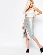 Monki Wrap Front Metallic Skirt - Silver