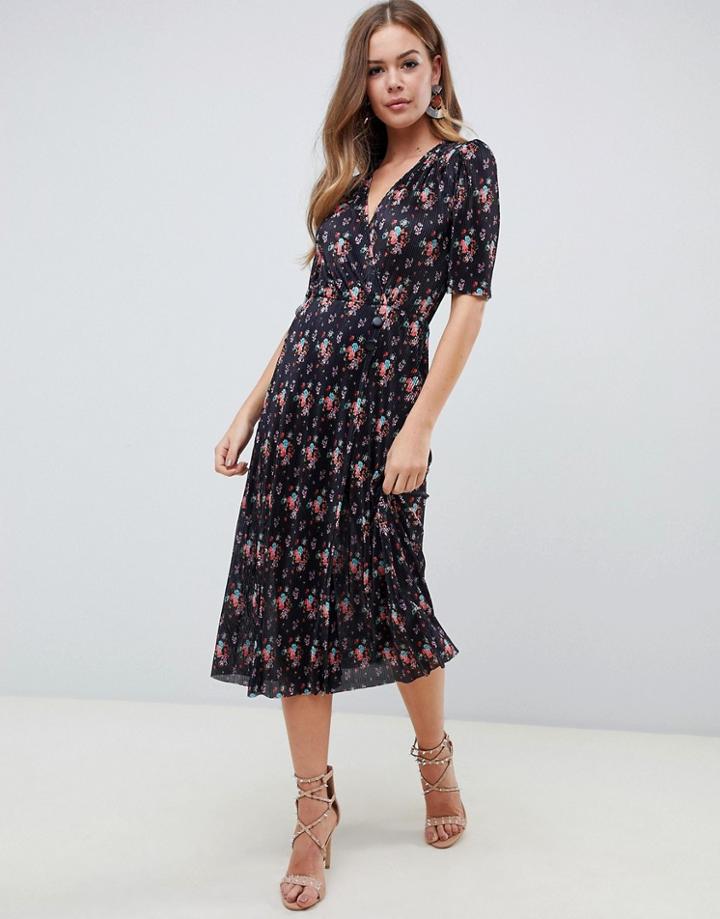 Asos Design Midi Plisse Dress In Ditsy Print With Button Detail - Multi