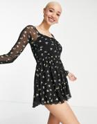 Asos Design Long Sleeve Mesh Picot Trim Romper In Yellow Micro Floral-multi