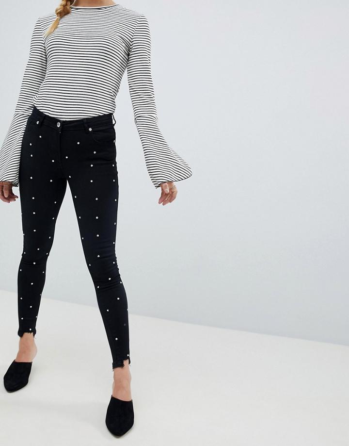 Parisian Rhinestone Skinny Jeans With Raw Hem - Black