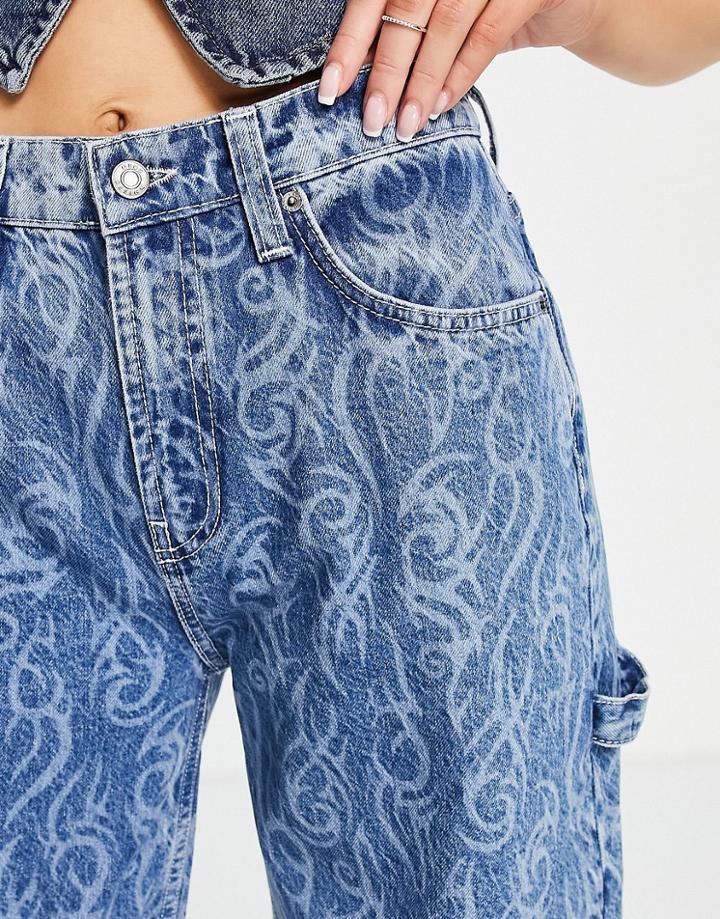 Asos Design Cotton Blend Oversized 'skater' Jean In Blue Barbed Wire Print - Mblue