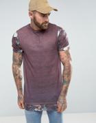 Asos Super Longline T-shirt In Linen Look Fabric With Floral Sleeves & Hem Extender - Purple