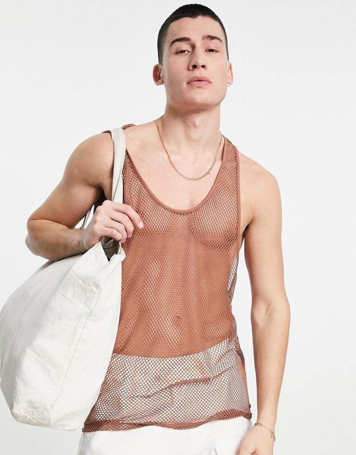 Asos Design Muscle Racer Back Tank Top In Brown Mesh