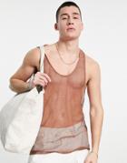Asos Design Muscle Racer Back Tank Top In Brown Mesh