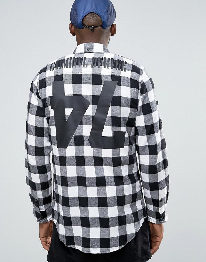 Criminal Damage Longline Check Shirt With Back Print - White