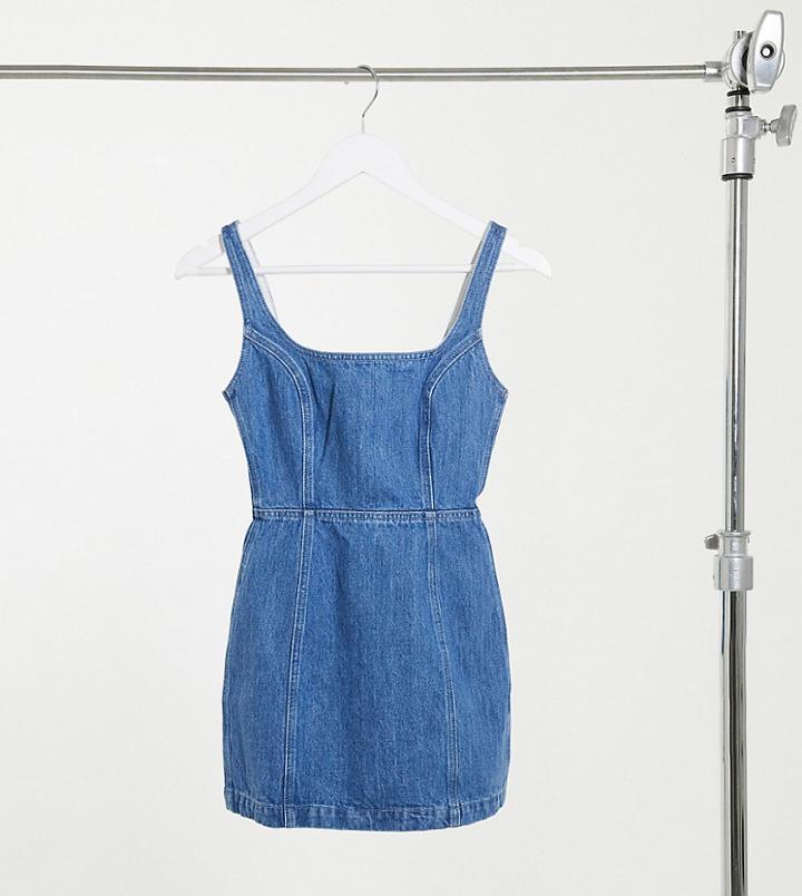 Asos Design Petite Denim Square Neck Jumper Dress In Blue