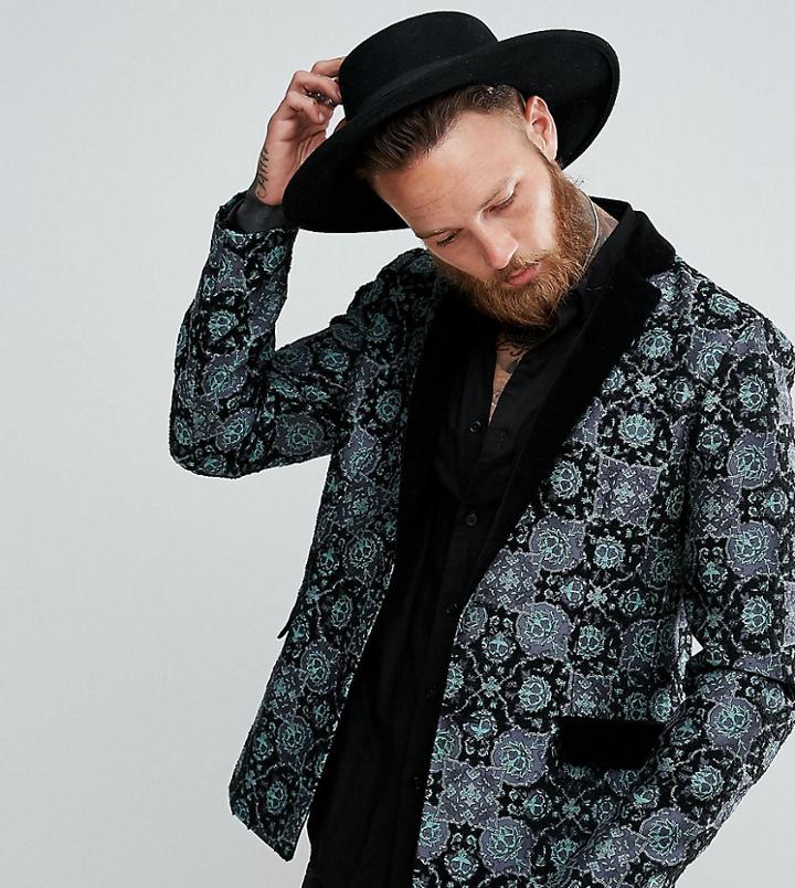 Reclaimed Vintage Inspired Tapestry Blazer With Velvet Lapel - Black