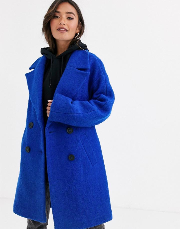 Asos Design Double Breasted Coat In Texture - Blue
