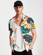 Another Influence Short Sleeve Floral Printed Shirt In White & Orange