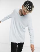 Asos Design Relaxed Long Sleeve T-shirt With Deep V Neck In Light Blue-blues