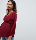 Asos Design Maternity Wrap Top With Ruched Sleeves - Black