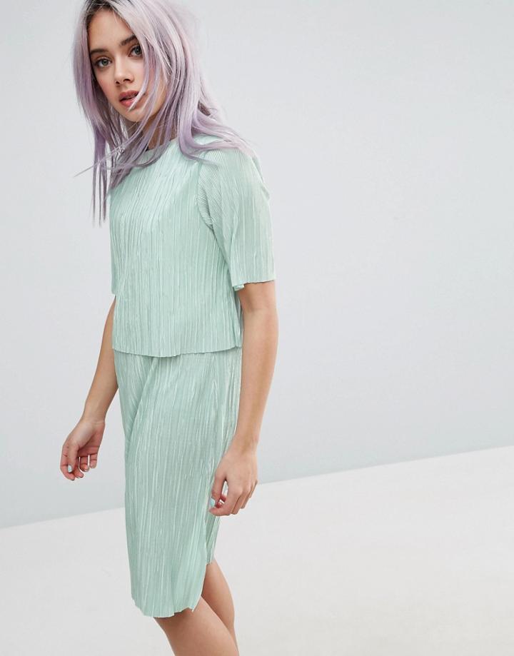 Asos Double Layer T-shirt Dress In Plisse - Blue