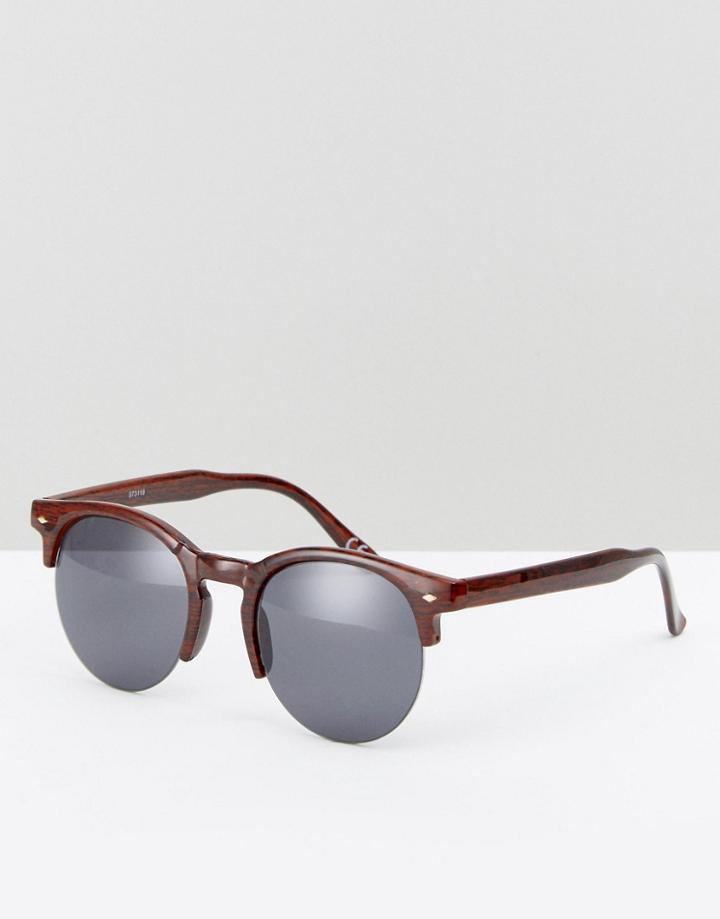 Asos Rounded Retro Sunglasses In Wood Effect - Brown