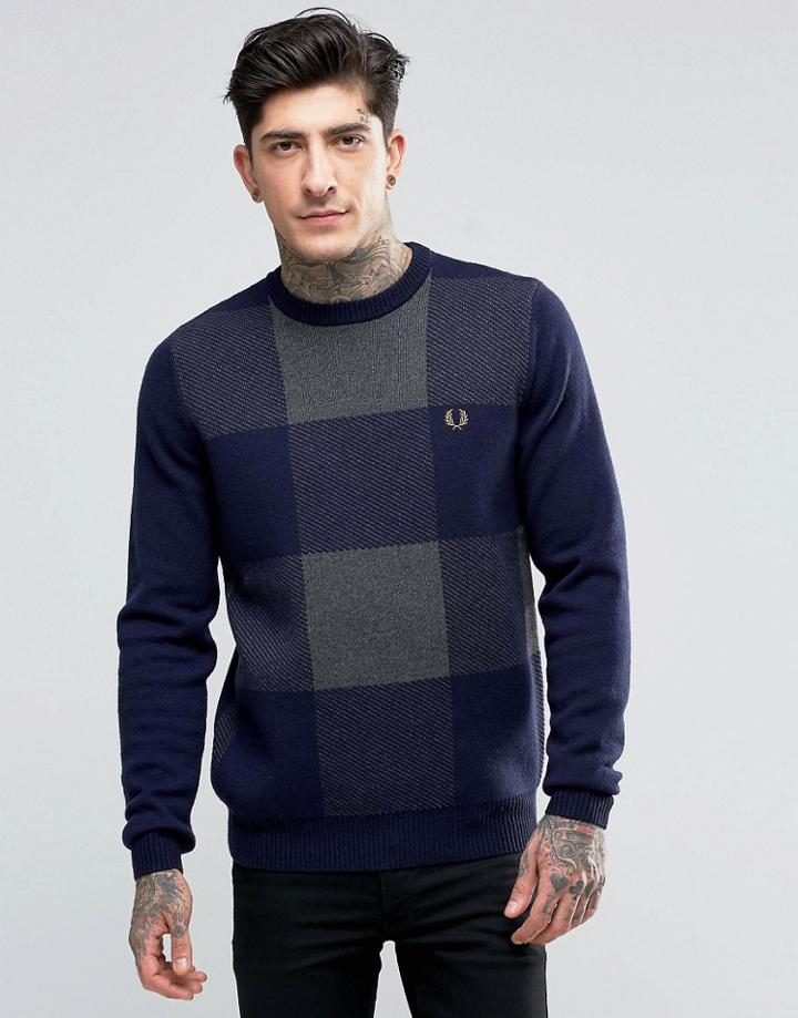 Fred Perry Sweaters With Check In Navy - Navy