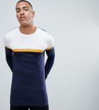 Asos Design Tall Muscle Longline Long Sleeve T-shirt With Contrast Panels In Navy - Navy