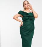 Asos Design Curve Drape Fallen Shoulder Midi Pencil Dress In Forest Green