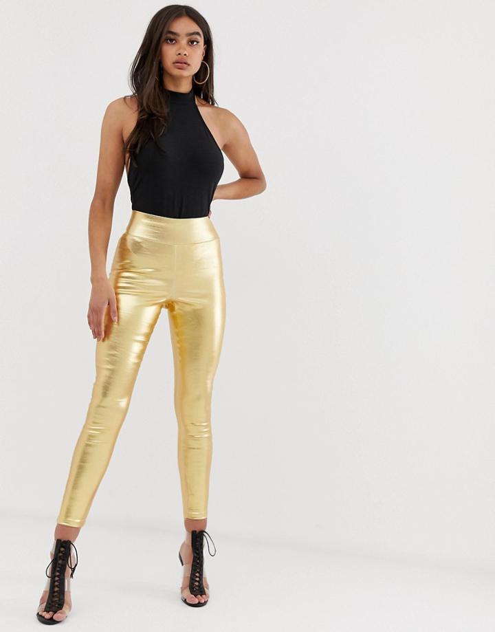 Asos Design Pull On Jegging In Washed Metallic Gold