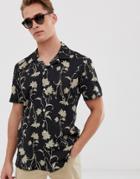 Hymn Floral Print Seersucker Short Sleeve Shirt-black