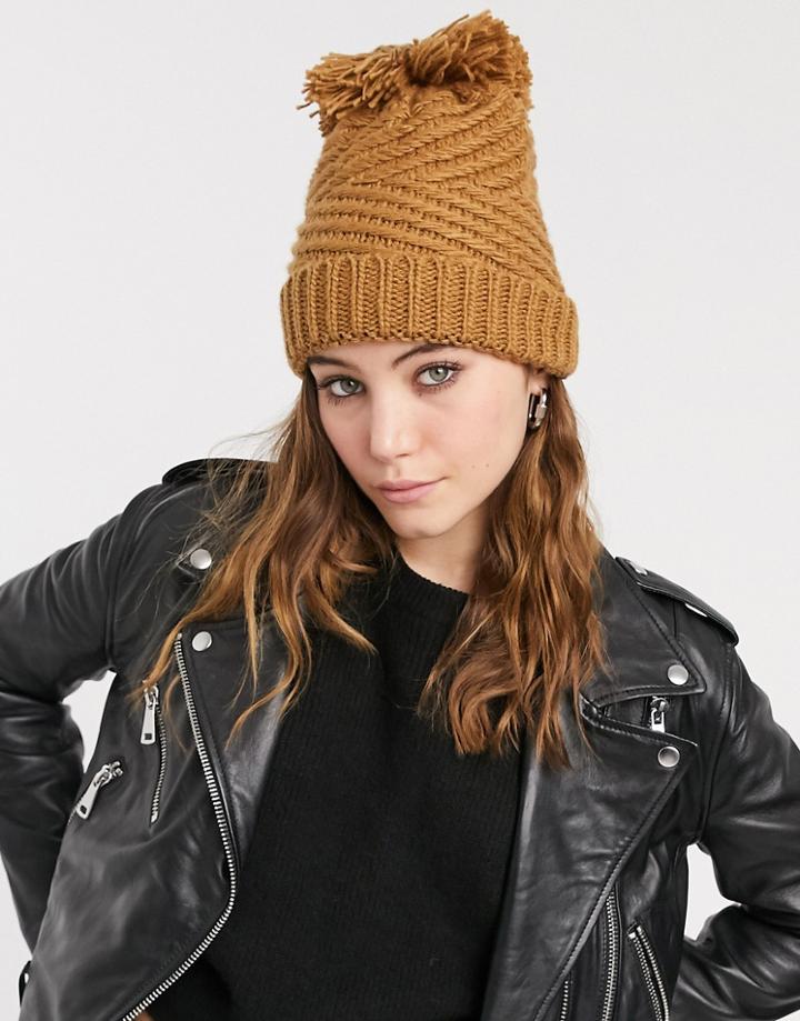 Boardmans Textured Knitted Hat With Yarn Pom In Beige-neutral